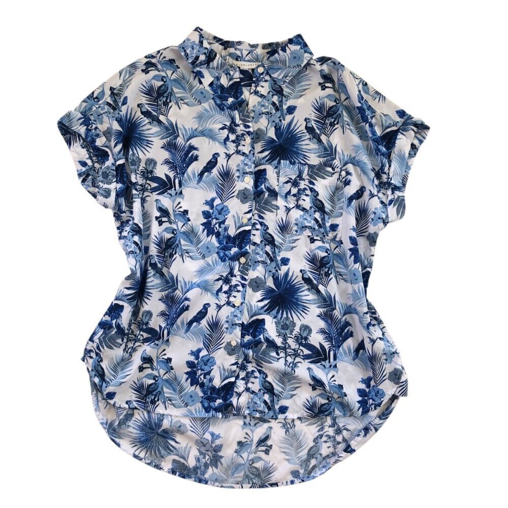 Jane + Delancey Blue Tropical Print Button Up Shirt Blouse Top Large - Picture 1 of 6
